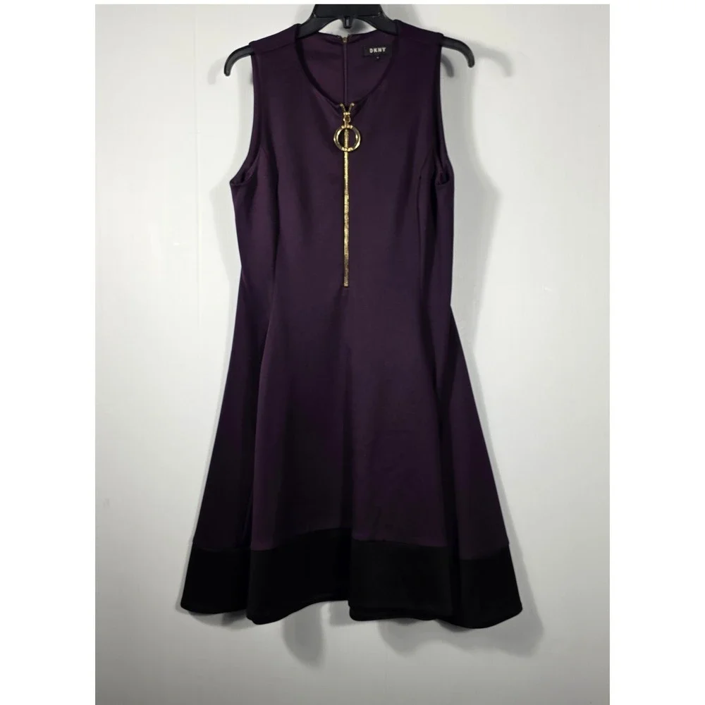DKNY Womens Purple Fit and Flare Ring Zip Sleeveless Colorblock Dress Size 10